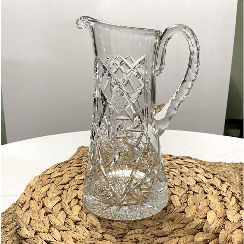 Vintage American Crystal Clear Cut Glass Pitcher 9.5”. Very good condition.